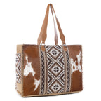 Myra Elisa Leather Weekender Bag - Spacious Cowhide Travel Tote with Tribal Woven Panel and Dual Shoulder Straps