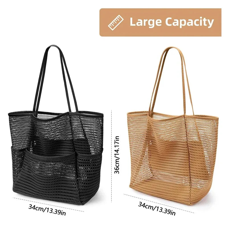 Mesh beach bag, women's shoulder tote bag, large capacity foldable mesh swim bag with pocket.-zmt