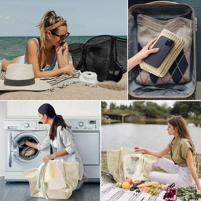 Mesh beach bag, women's shoulder tote bag, large capacity foldable mesh swim bag with pocket.-zmt